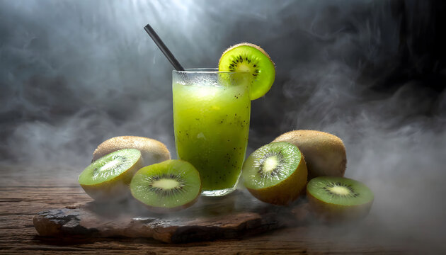 kiwi fruit with kiwi juice in the fog on the wood table