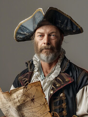 Elderly pirate with stern expression holding a map, wearing a detailed costume and tricorn hat