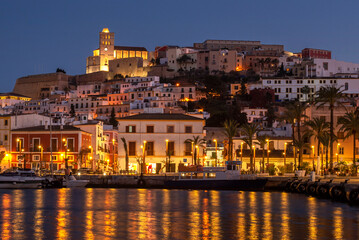 Ibiza old town by night, Ibiza, Balearic Islands, Spain