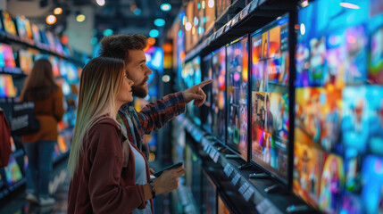 A couple is shopping for LED televisions in the store, with one man pointing at various models on display and another woman standing next to him looking happy