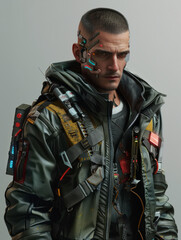 Naklejka premium Intense man in a cyberpunk themed outfit with facial cyber enhancements and a black jacket