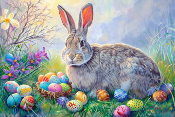 The Easter Bunny with colorful eggs