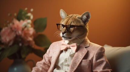 a cute flirting puma character in a fashionable suit and shaded glasses, ready for the prom, open hawiian shirt, year 1960 Fashion