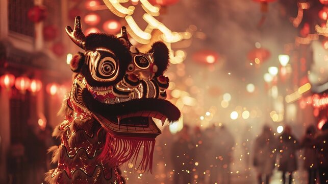 the streets come alive with the traditional dragon dance to mark the lunar new year's festivities in this captivating chinese cultural event