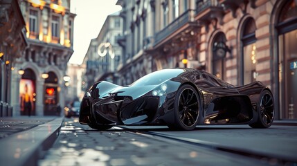 futuristic sports super concept car on the street of a european city street racing on expensive...