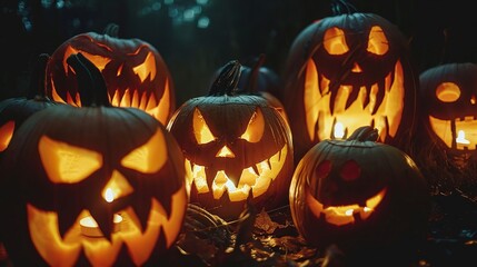 the darkness of halloween night is pierced by the haunting glow of carved pumpkins with chilling evil faces
