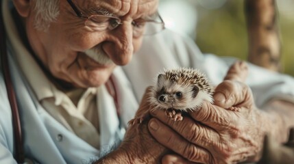 Elderly male veterinarian examines newly born hedgehog. Hands with mammal. close-up. Concept of - obrazy, fototapety, plakaty