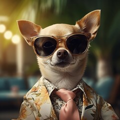 a cute flirting chihuahua character in a fashionable suit and shaded glasses, ready for the diskotek, open hawiian shirt , year 1970 Fashion photography