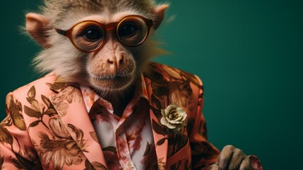 a cute flirting wild animal from africa character in a fashionable suit and shaded glasses, ready for the prom, open hawiian shirt , year 1960 Fashion