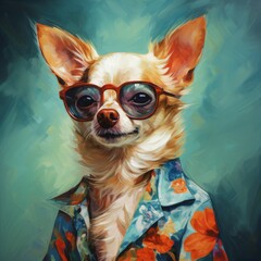 A royal flirting white chihuahua character in a fashionable clothes and shaded glasses