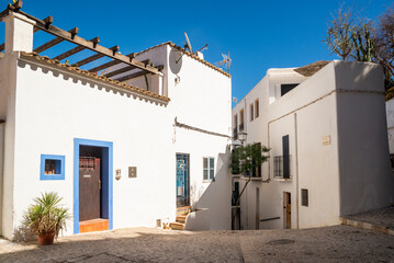 Ibiza style typical white houses in the old town, Ibiza Island, Balearic Islands, Spain