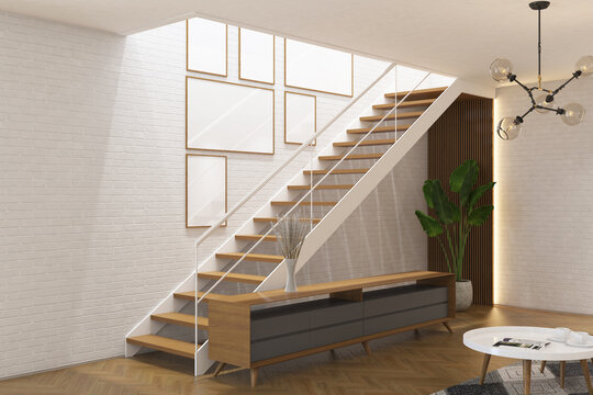 3d rendering interior of living room with stair case, credenza, sofa, table, plant and frames mock up. White brickwall background and parquet floor. Set 3