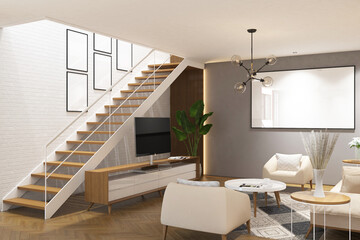 3d rendering interior of living room with stair case, wood panel, sofa, table, plant and frames mock up. White brickwall background and parquet floor. Set 11