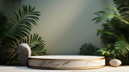 Product presentation background with marble podium and  palm leaves