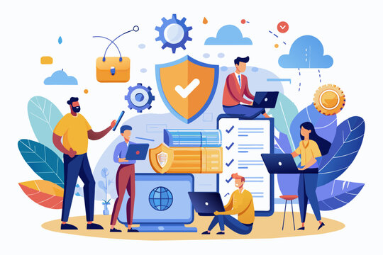 people working on data security, colorful style clip art preview
