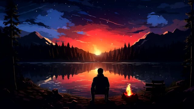 Silhouette of man sitting while enjoying the sunset. seamless looping 4k time-lapse animation video background