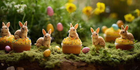Easter  background. Happy Easter backdrop card. Easter baked. Festive Easter. Tasty Easter cupcakes..