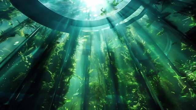 The top of a bioreactor tank filled with dark green algae as the sunlight streams in from above. The scene resembles a lush underwater forest creating a sense of harmony between