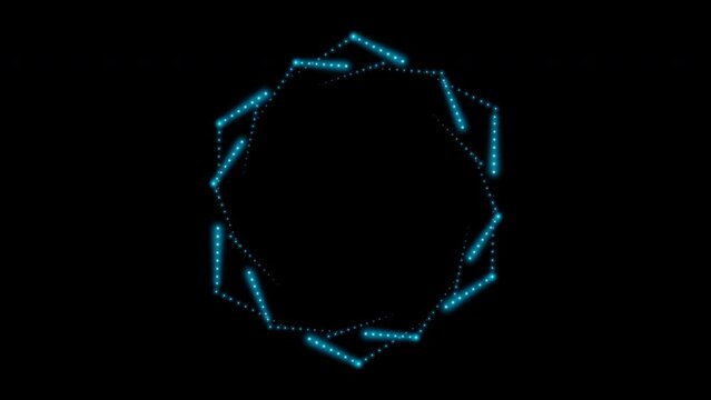 A lots of rotating glowing neon hexagons made from many small blue flashing dots, light bulbs, forming a beautiful perfectly symmetrical flower. Sacred geometry. 4k 3d loop animation 60 fps.