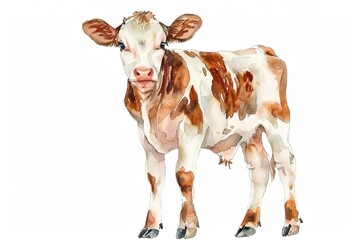A Cow cute hand draw watercolor white background. Cute animal vocabulary for kindergarten children concept.