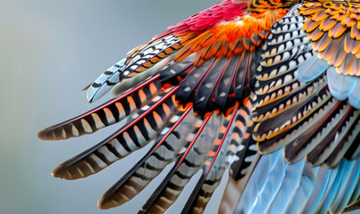 close up of a bird's wing with a multicolored pattern on it's wings and back, Generative AI