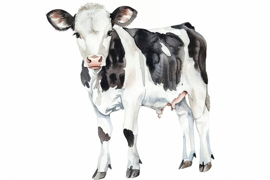 A Cow cute hand draw watercolor white background. Cute animal vocabulary for kindergarten children concept.
