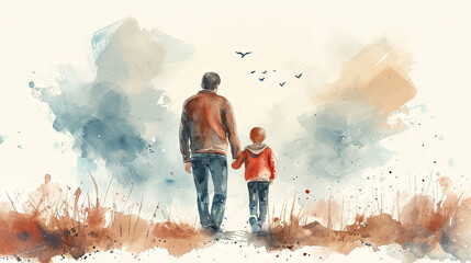 Watercolor illustration with father and son. Happy Father's Day concept - obrazy, fototapety, plakaty