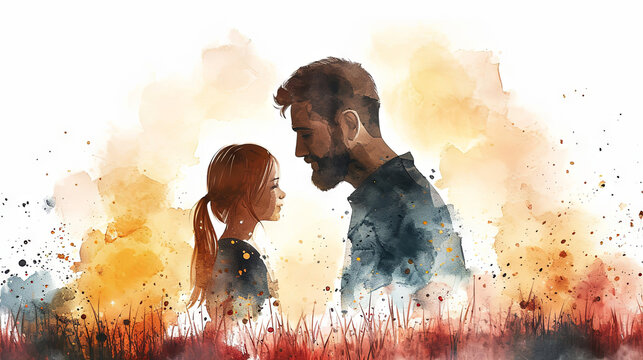 Watercolor illustration with father and daughter. Happy Father's Day concept