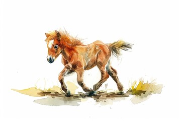 A Horse cute hand draw watercolor white background. Cute animal vocabulary for kindergarten...