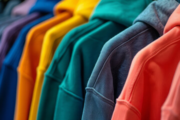 Variety of hoodies in bright colors arranged on hangers in store. Collection of clothes in wardrobe