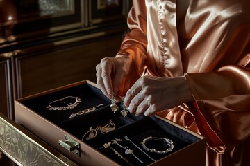 person in a silk bathrobe choosing jewelry from a box - obrazy, fototapety, plakaty