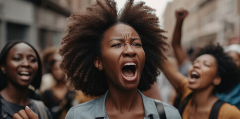 Displeased crowd of people protesting for human rights on city streets with focus is on African American woman shouting on the street march protest for women's rights. Human activism concept. - obrazy, fototapety, plakaty