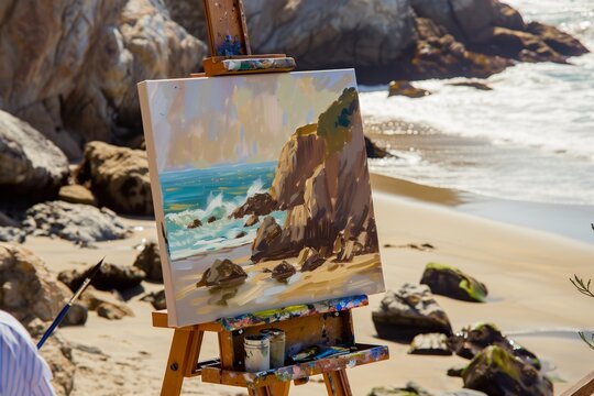 artist painting the beach cove scenery on a canvas, easel set up