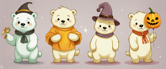 Set of cute Polar bear on Halloween in watercolor colorful background