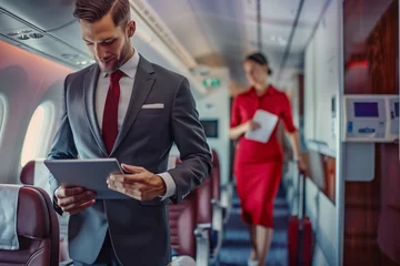 Foto op Canvas male executive with tablet, flight attendant walking past © altitudevisual