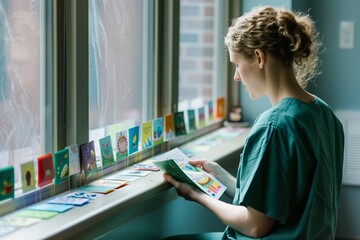 patient reading birthday cards lined on windowsill