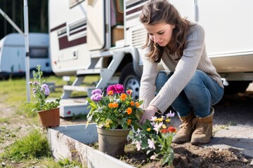 woman planting flowers in a pot by the caravan steps - obrazy, fototapety, plakaty