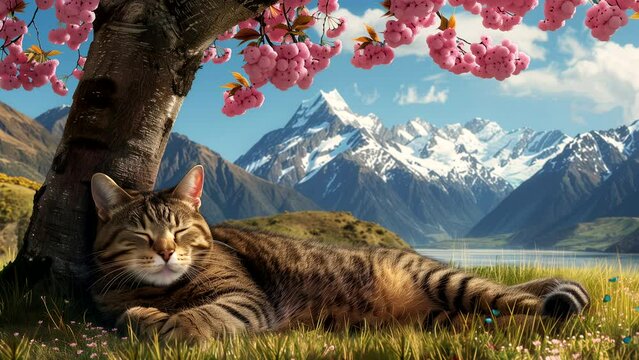 Cat relaxing on a spring day. seamless looping 4k time-lapse animation video background