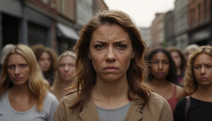 Fototapeta premium Displeased crowd of women protesting for women's rights, gender equality, to stop violence against women and supporting abortion rights. Human activism concept.