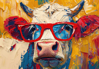 A colorful, textured painting of a cow wearing red sunglasses, set against a vibrant, abstract background.