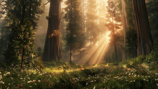 sun rays in the forest, background, 4k, animation video, Seamless looping, footage, generative ai