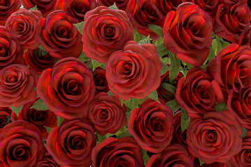 close-up view of vibrant red roses, intricate petals and green leaves. greeting card, expressing love, romance, or for use in a floral arrangement or garden setting