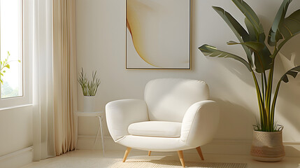 Product photography, the product is a white armchair placed in one corner of the living room. The background features a solid white wall with no environmental distractions.  - obrazy, fototapety, plakaty