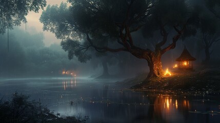 An ethereal twilight descends upon a misty lakeside, where a solitary hut emits a warm glow. The ancient tree and reflective waters create a tranquil and mysterious atmosphere. - obrazy, fototapety, plakaty