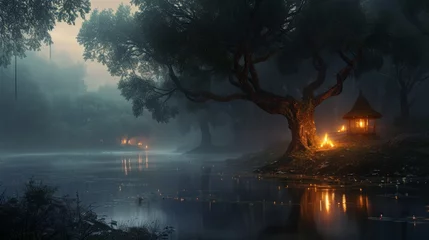 Foto op Plexiglas An ethereal twilight descends upon a misty lakeside, where a solitary hut emits a warm glow. The ancient tree and reflective waters create a tranquil and mysterious atmosphere. © Zhanna