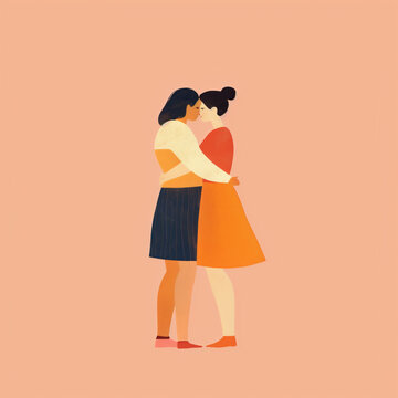 Simple and beautiful illustration of two women embracing on a peach fuzz background.