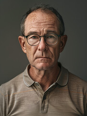 Obraz premium A focused senior male with sharp features wears glasses and a polo shirt, showing a deep gaze against a grey backdrop