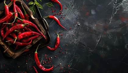 Keuken spatwand met foto Fresh red chili peppers spill from a rustic wooden basket onto a dark, textured surface © Александр Марченко