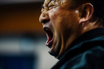 Fototapete closeup of kung fu masters face while executing a powerful yell during kata © altitudevisual