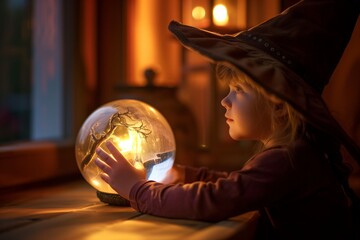 little witch with a pointy hat looking into a crystal ball